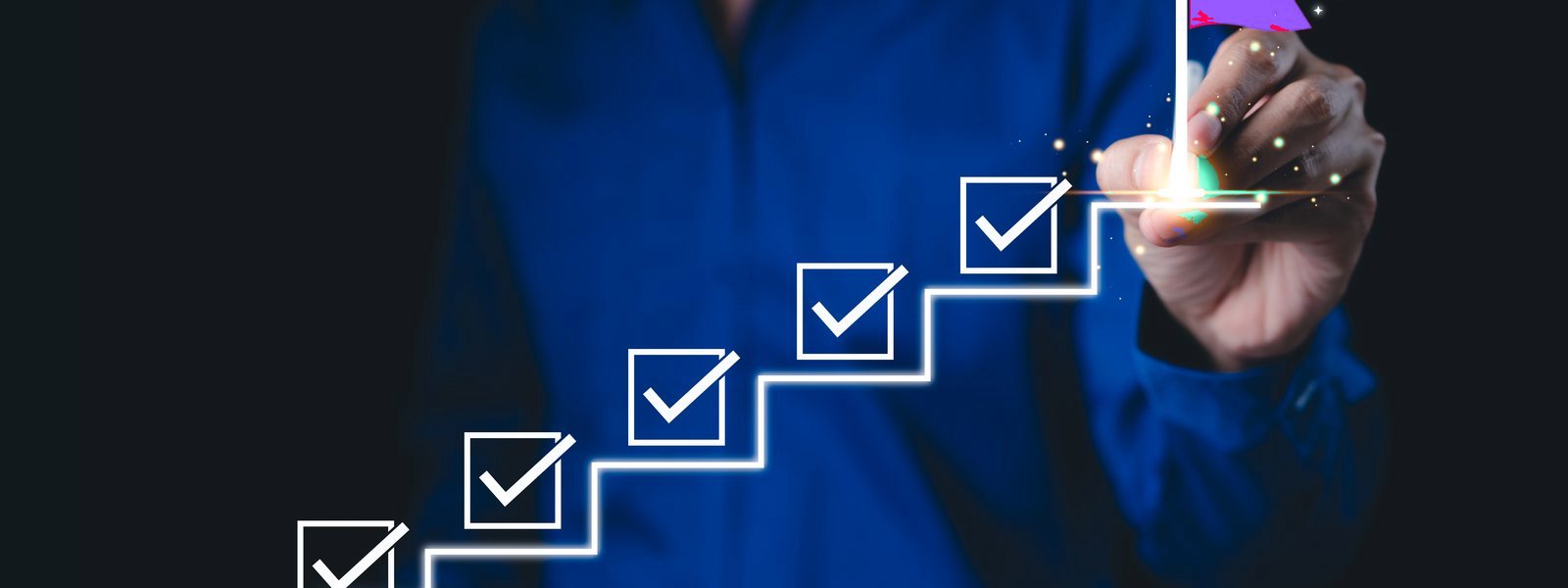Two decades of milestones — checkmark progression up to a brand-violet pennant flag