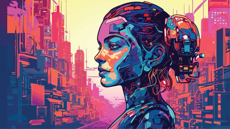 A stylized illustration of a human profile fused with technology, set against a vibrant city skyline — the blend of human intuition and AI in recruiting.