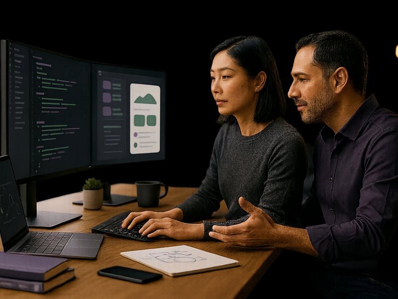 Full-stack engineers pair-programming — Java, .NET, Node, React