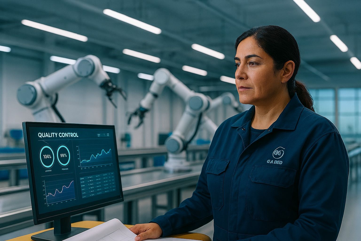 Manufacturing plant floor — assembly line operations with automation and skilled technicians
