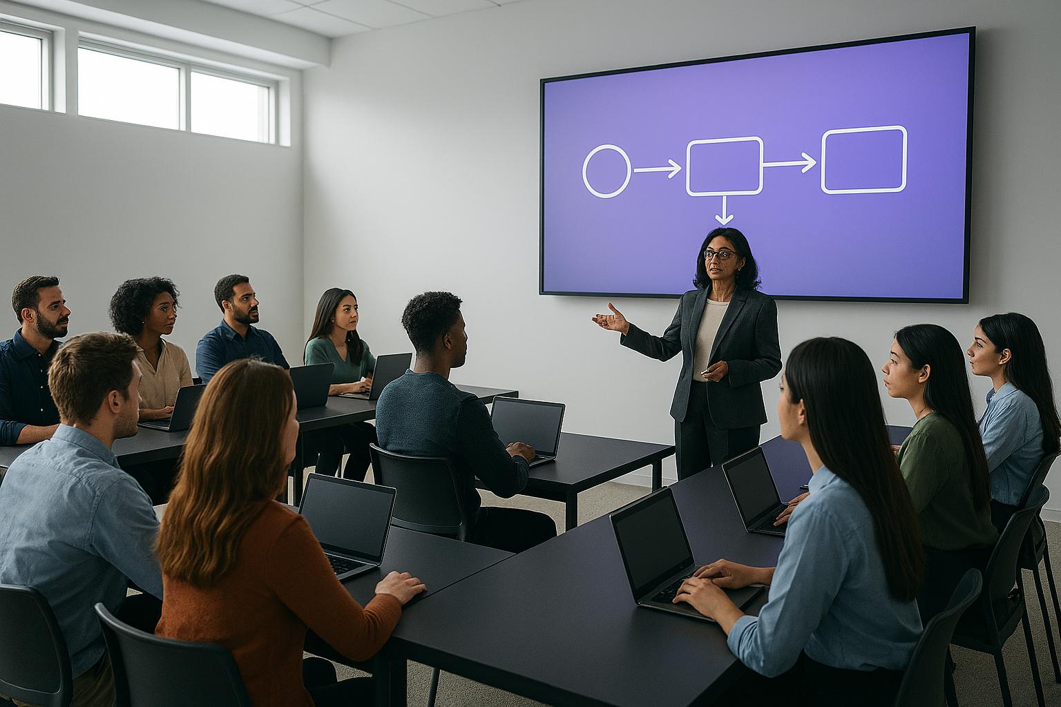 3i People recruiter training classroom — 52-week onboarding program in session