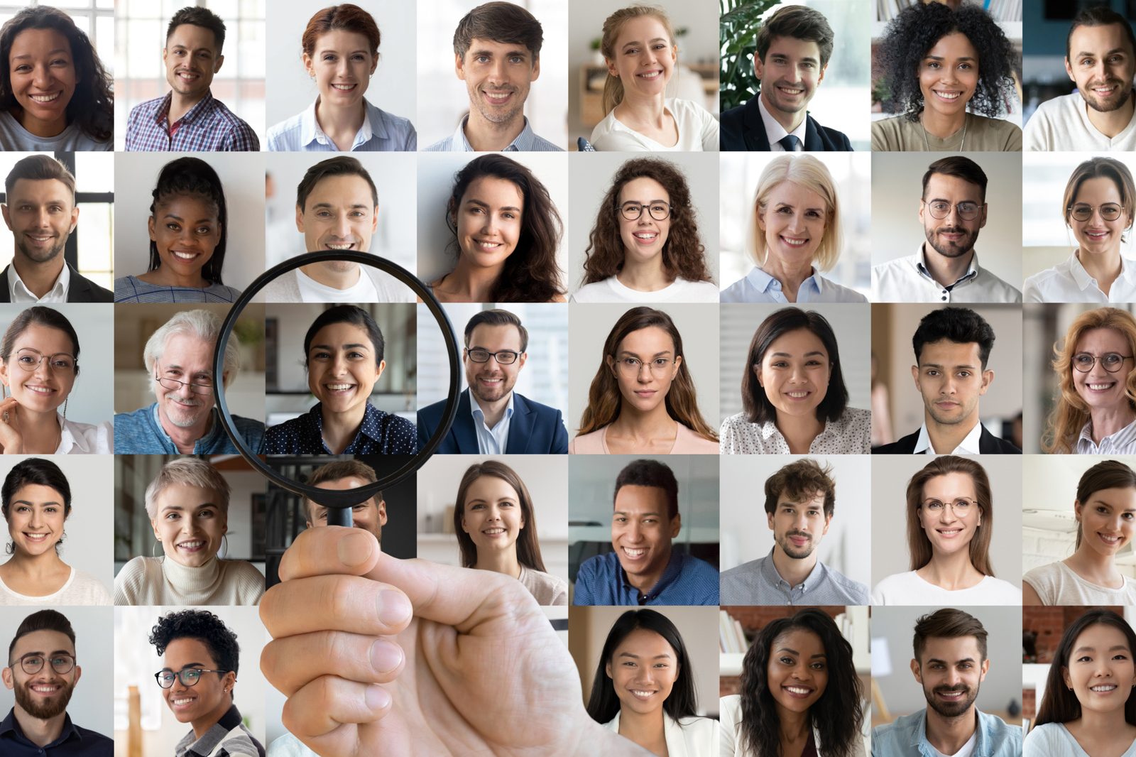 A wall of 3i People team headshots — recruiters trained through our 52-week program with 10-year average domestic tenure